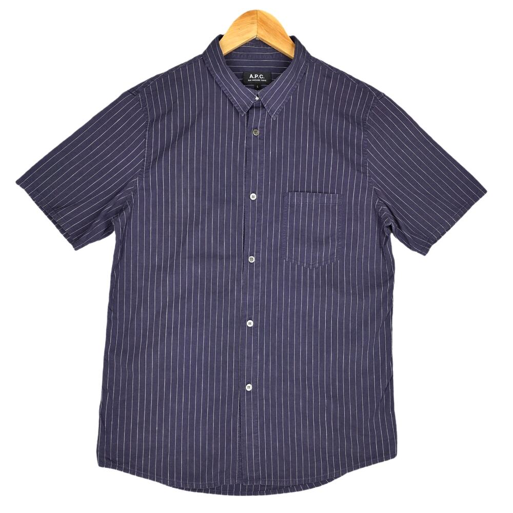 A.P.C. MEN’S SHORT‑SLEEVE STRIPED SHIRT – SIZE LARGE – NAVY/WHITE – MINIMALIST